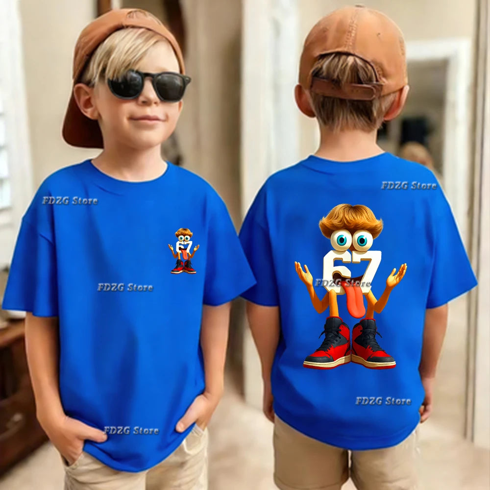 Camiseta de algodón para niños, de verano, con estampado de números 67, seis y siete, de manga corta, cómoda y moderna.