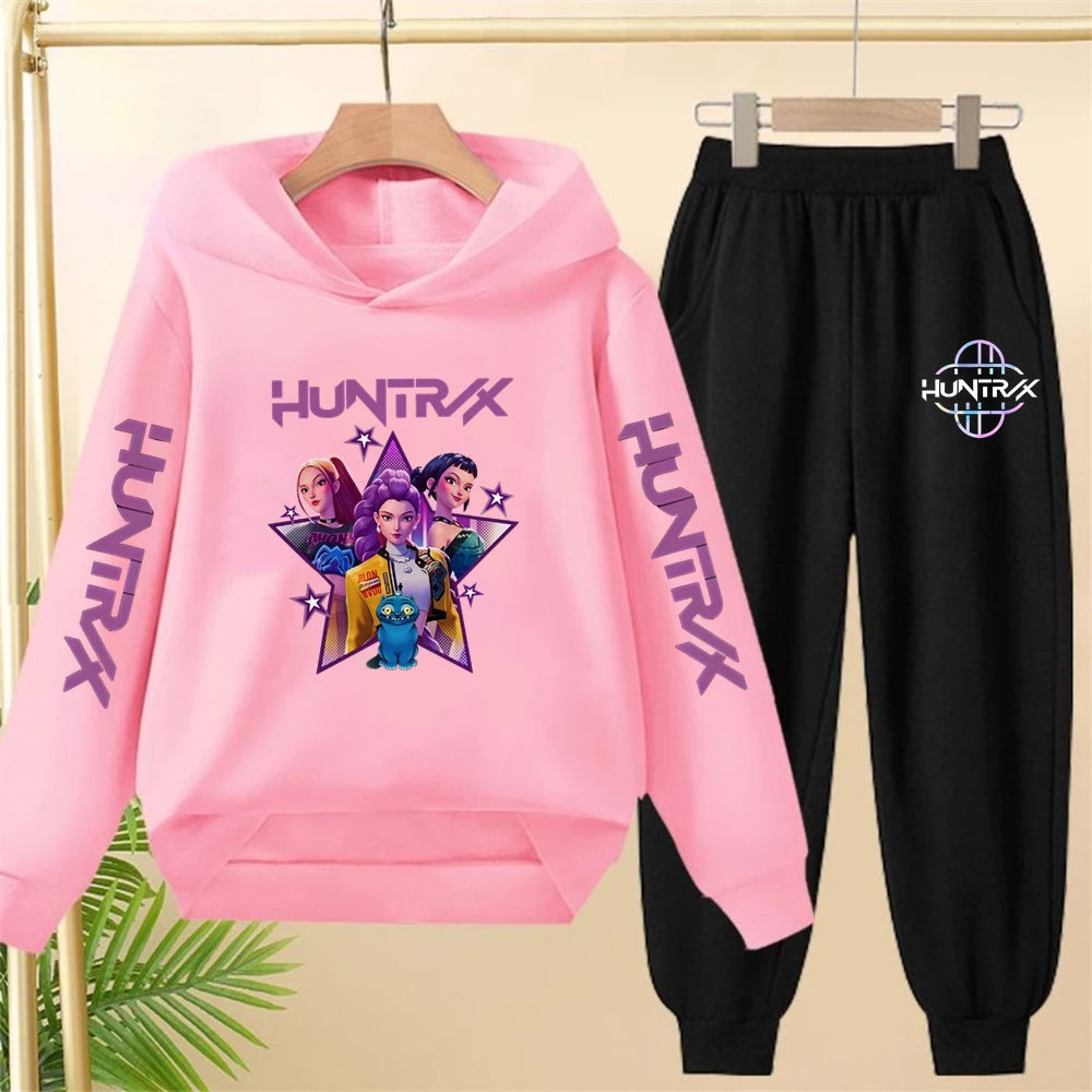 Sudadera con capucha negra para niña, abrigo, sudadera KPop Demon Hunters, conjunto deportivo de dos piezas con pantalón y elegante conjunto informal para niña pequeña.