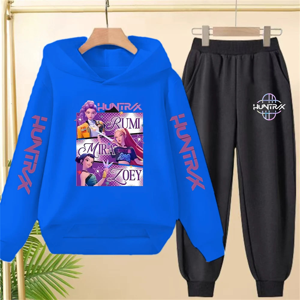 Sudadera con capucha negra para niña, abrigo, sudadera KPop Demon Hunters, conjunto deportivo de dos piezas con pantalón y elegante conjunto informal para niña pequeña.