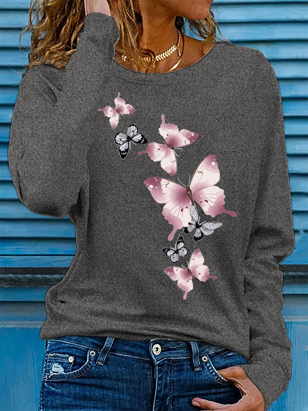 Camiseta informal holgada con estampado de mariposas y cuello redondo para mujer, 100 % algodón, a la moda, para primavera y otoño Long Sleeve T-shirt Base Shirt