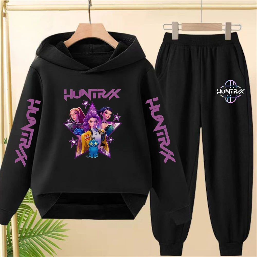 Sudadera con capucha negra para niña, abrigo, sudadera KPop Demon Hunters, conjunto deportivo de dos piezas con pantalón y elegante conjunto informal para niña pequeña.