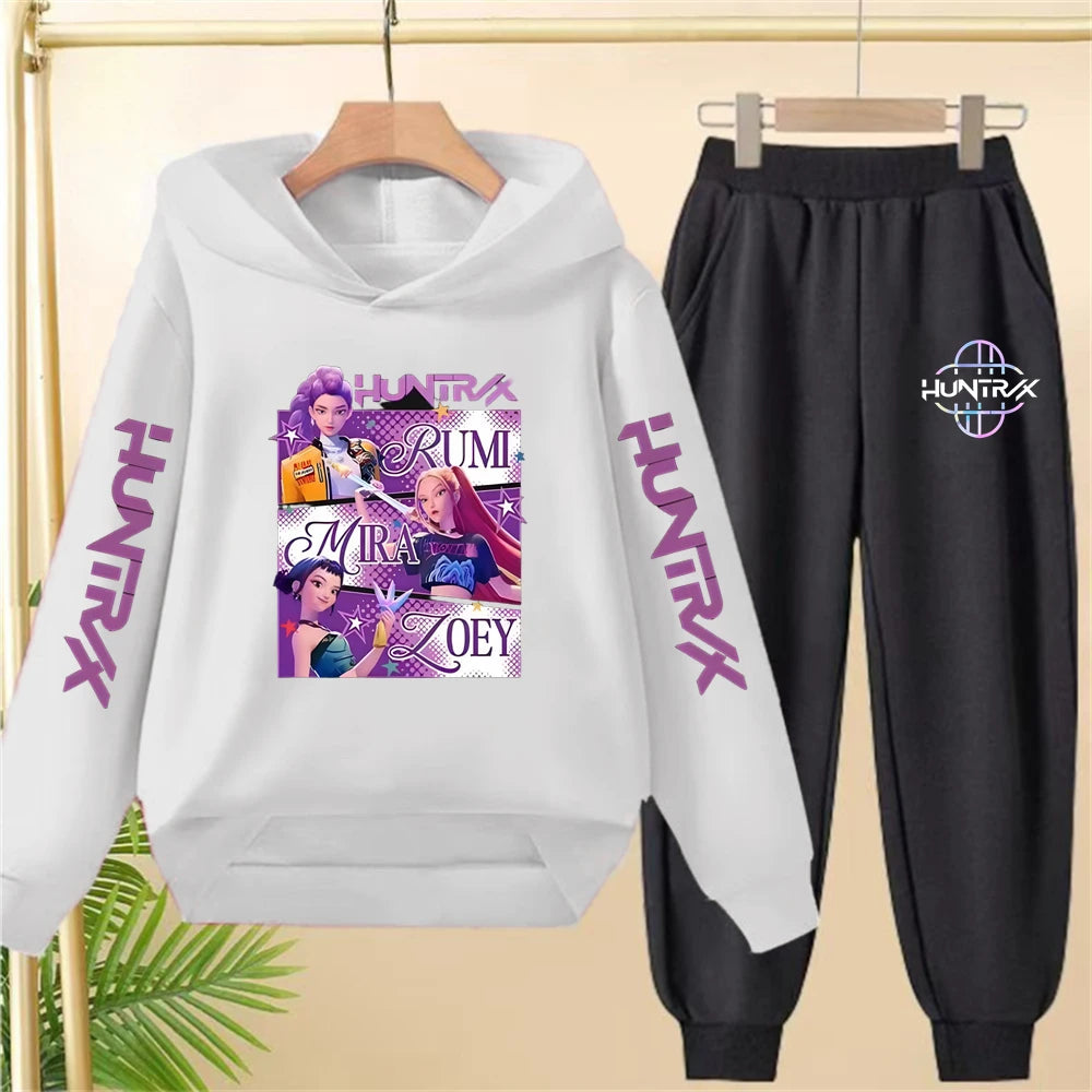 Sudadera con capucha negra para niña, abrigo, sudadera KPop Demon Hunters, conjunto deportivo de dos piezas con pantalón y elegante conjunto informal para niña pequeña.