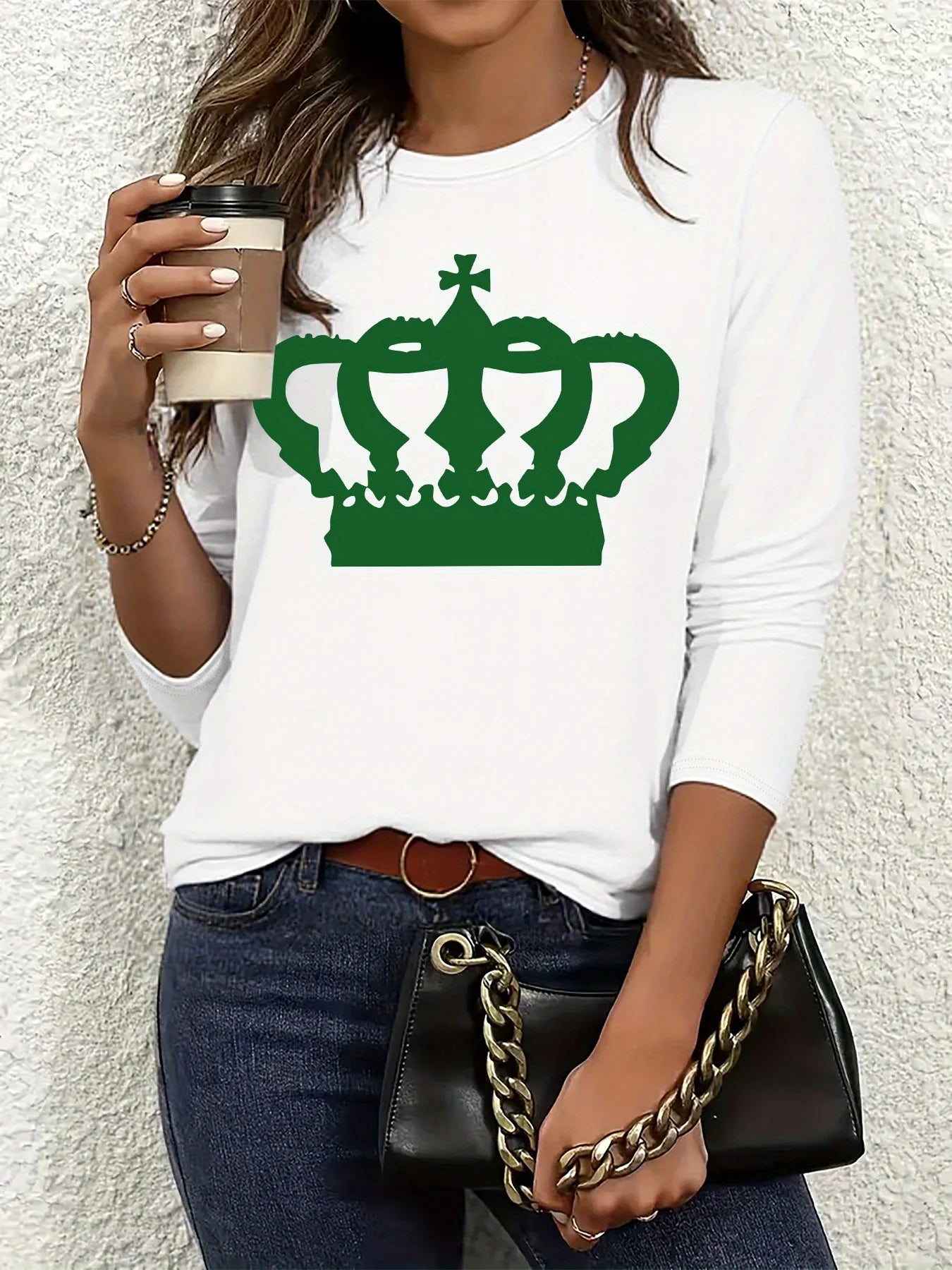 Camiseta informal holgada con estampado de mariposas y cuello redondo para mujer, 100 % algodón, a la moda, para primavera y otoño Long Sleeve T-shirt Base Shirt
