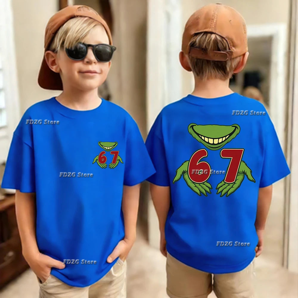 Camiseta de algodón para niños, de verano, con estampado de números 67, seis y siete, de manga corta, cómoda y moderna.