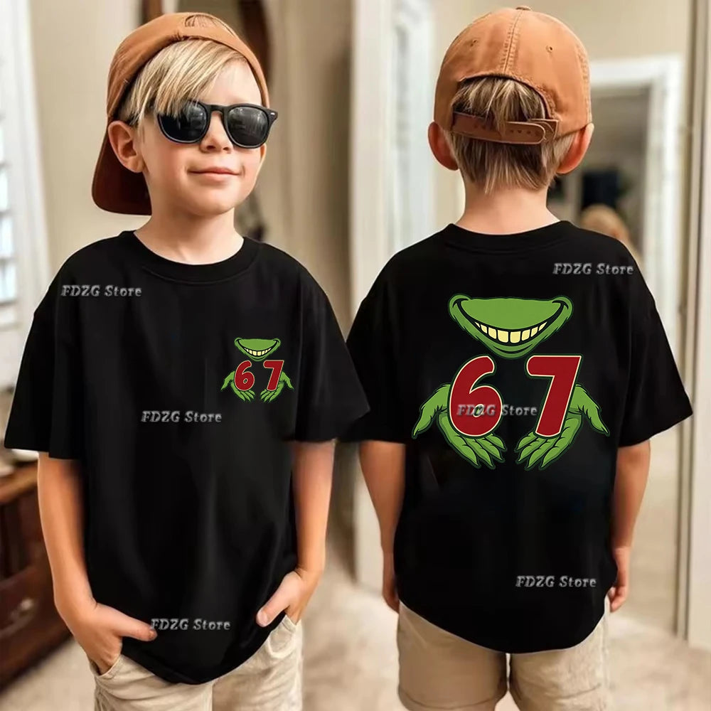 Camiseta de algodón para niños, de verano, con estampado de números 67, seis y siete, de manga corta, cómoda y moderna.