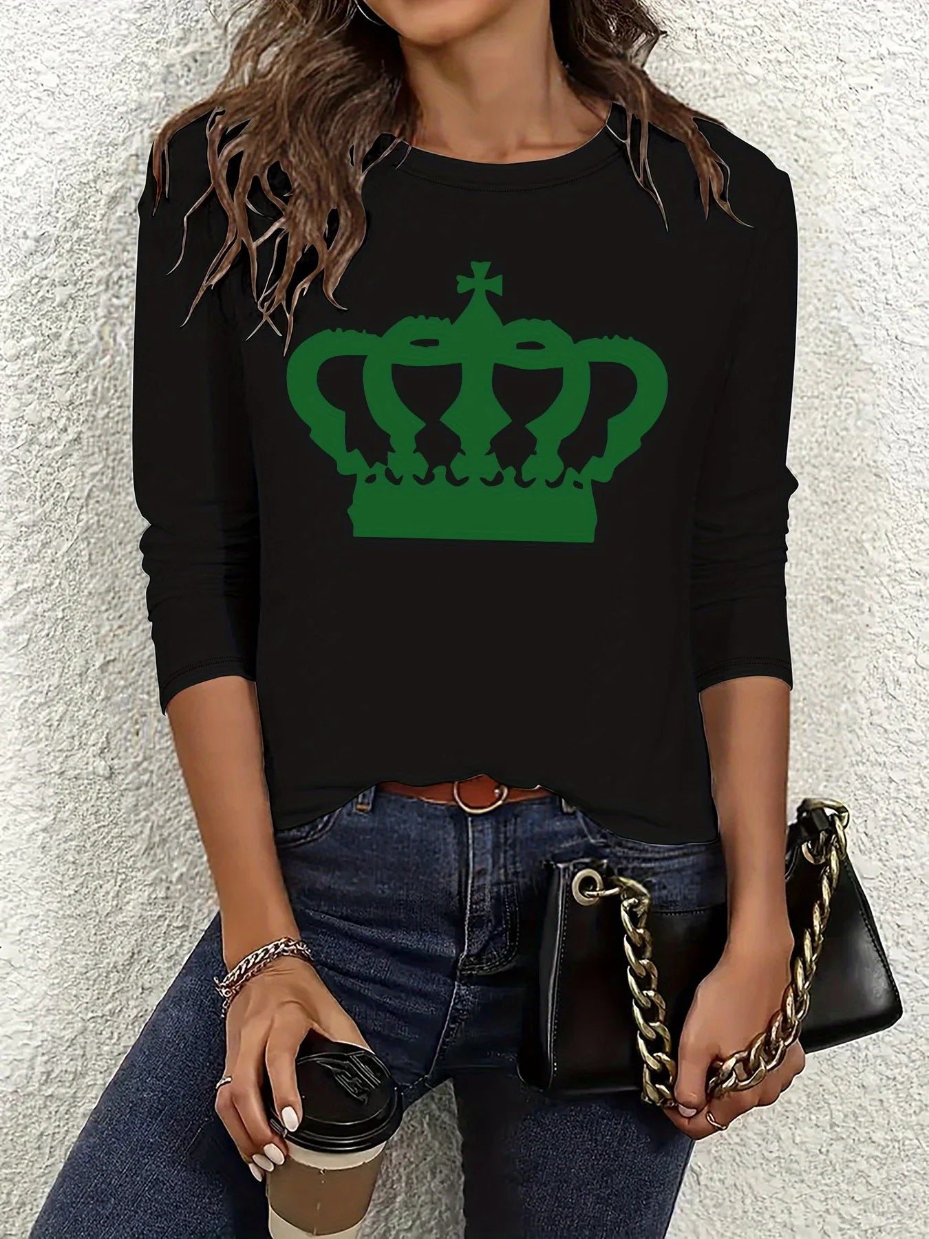 Camiseta informal holgada con estampado de mariposas y cuello redondo para mujer, 100 % algodón, a la moda, para primavera y otoño Long Sleeve T-shirt Base Shirt