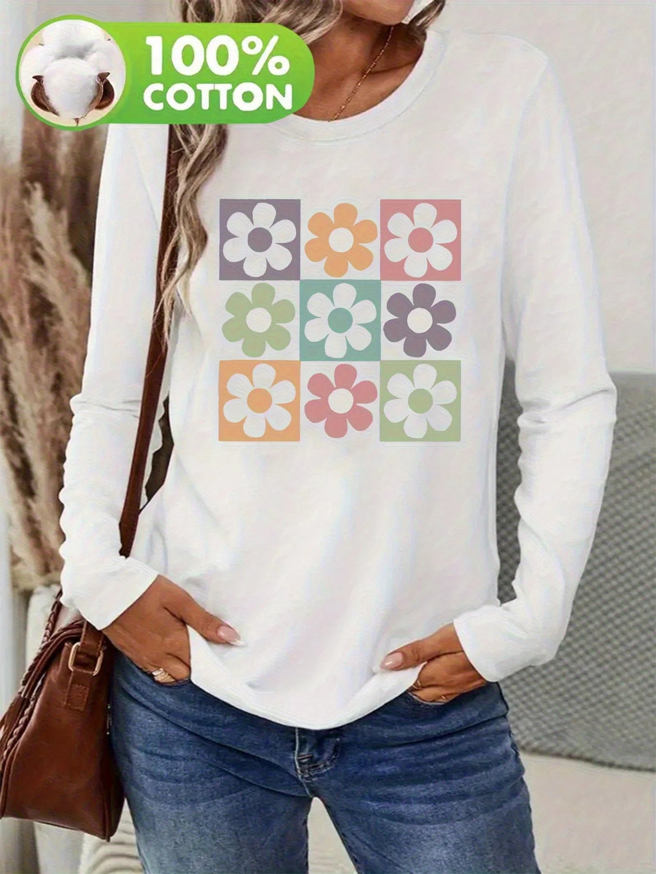 Camiseta informal holgada con estampado de mariposas y cuello redondo para mujer, 100 % algodón, a la moda, para primavera y otoño Long Sleeve T-shirt Base Shirt