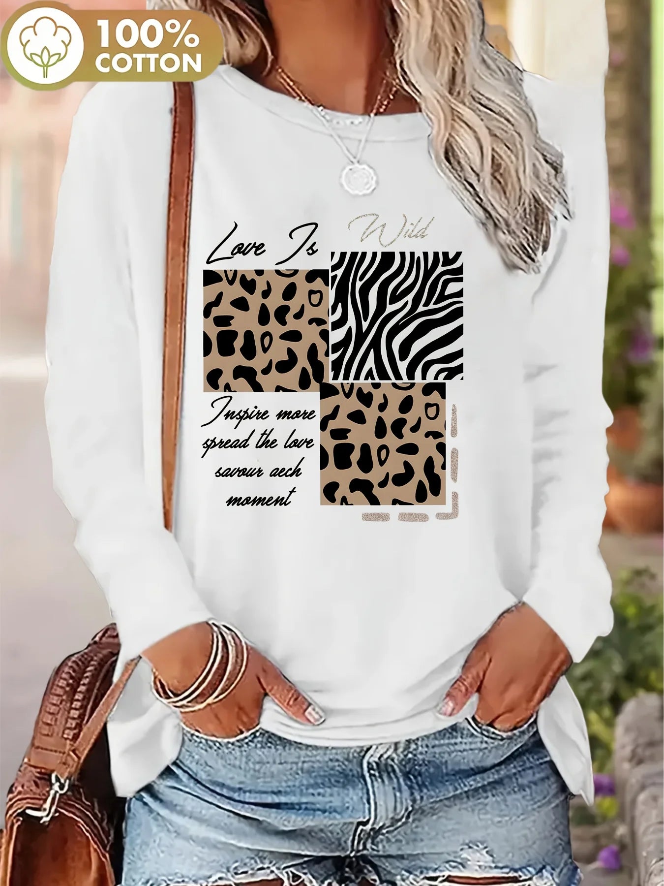 Camiseta informal holgada con estampado de mariposas y cuello redondo para mujer, 100 % algodón, a la moda, para primavera y otoño Long Sleeve T-shirt Base Shirt