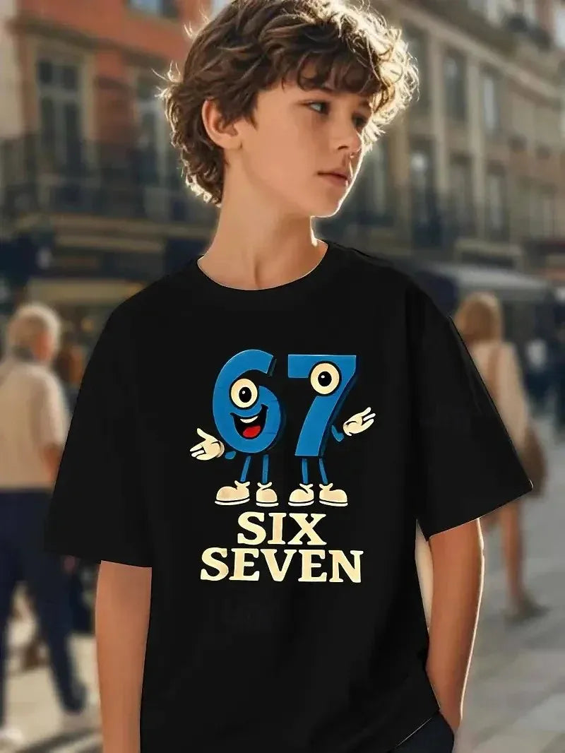 Bonita camiseta de meme para niños y niñas, divertida camiseta Y2K con estampado de seis y siete, cuello redondo y manga corta.