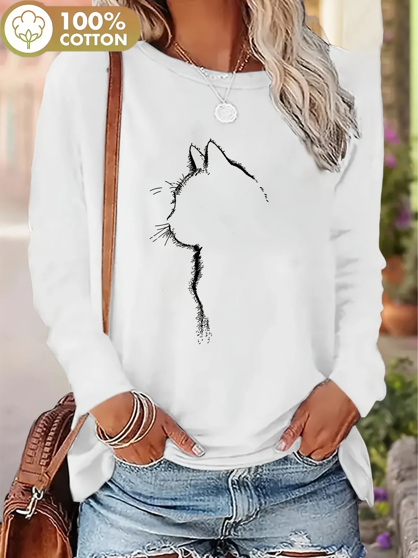 Camiseta informal holgada con estampado de mariposas y cuello redondo para mujer, 100 % algodón, a la moda, para primavera y otoño Long Sleeve T-shirt Base Shirt