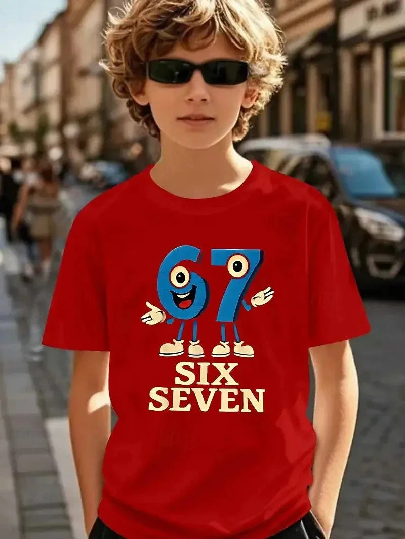 Bonita camiseta de meme para niños y niñas, divertida camiseta Y2K con estampado de seis y siete, cuello redondo y manga corta.