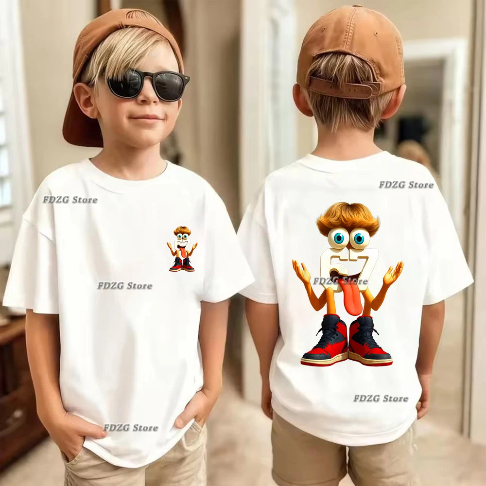 Camiseta de algodón para niños, de verano, con estampado de números 67, seis y siete, de manga corta, cómoda y moderna.