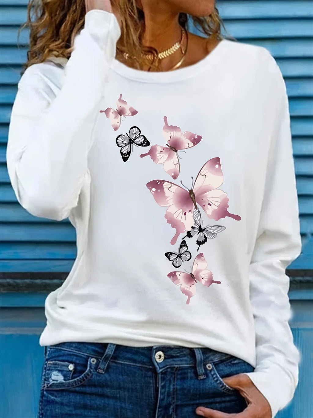 Camiseta informal holgada con estampado de mariposas y cuello redondo para mujer, 100 % algodón, a la moda, para primavera y otoño Long Sleeve T-shirt Base Shirt