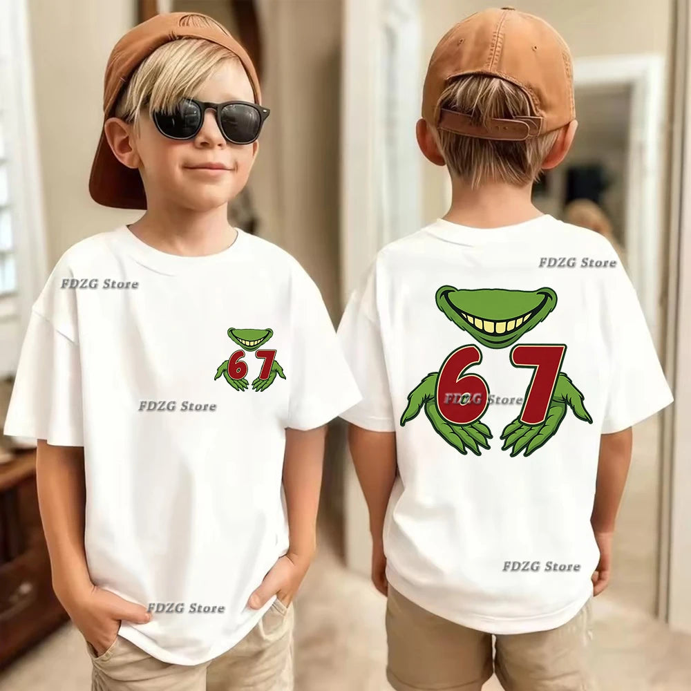 Camiseta de algodón para niños, de verano, con estampado de números 67, seis y siete, de manga corta, cómoda y moderna.