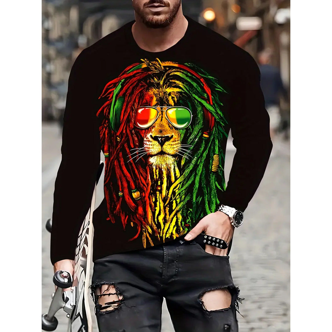 Camiseta retro para hombre con estampado 3D de hip-hop callejero, cuello redondo holgado, informal, de manga larga