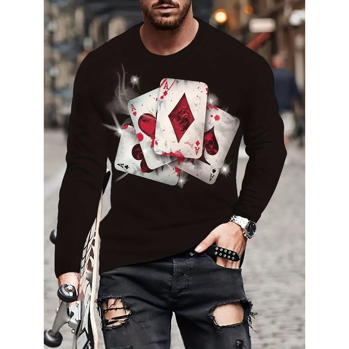 Camiseta retro para hombre con estampado 3D de hip-hop callejero, cuello redondo holgado, informal, de manga larga