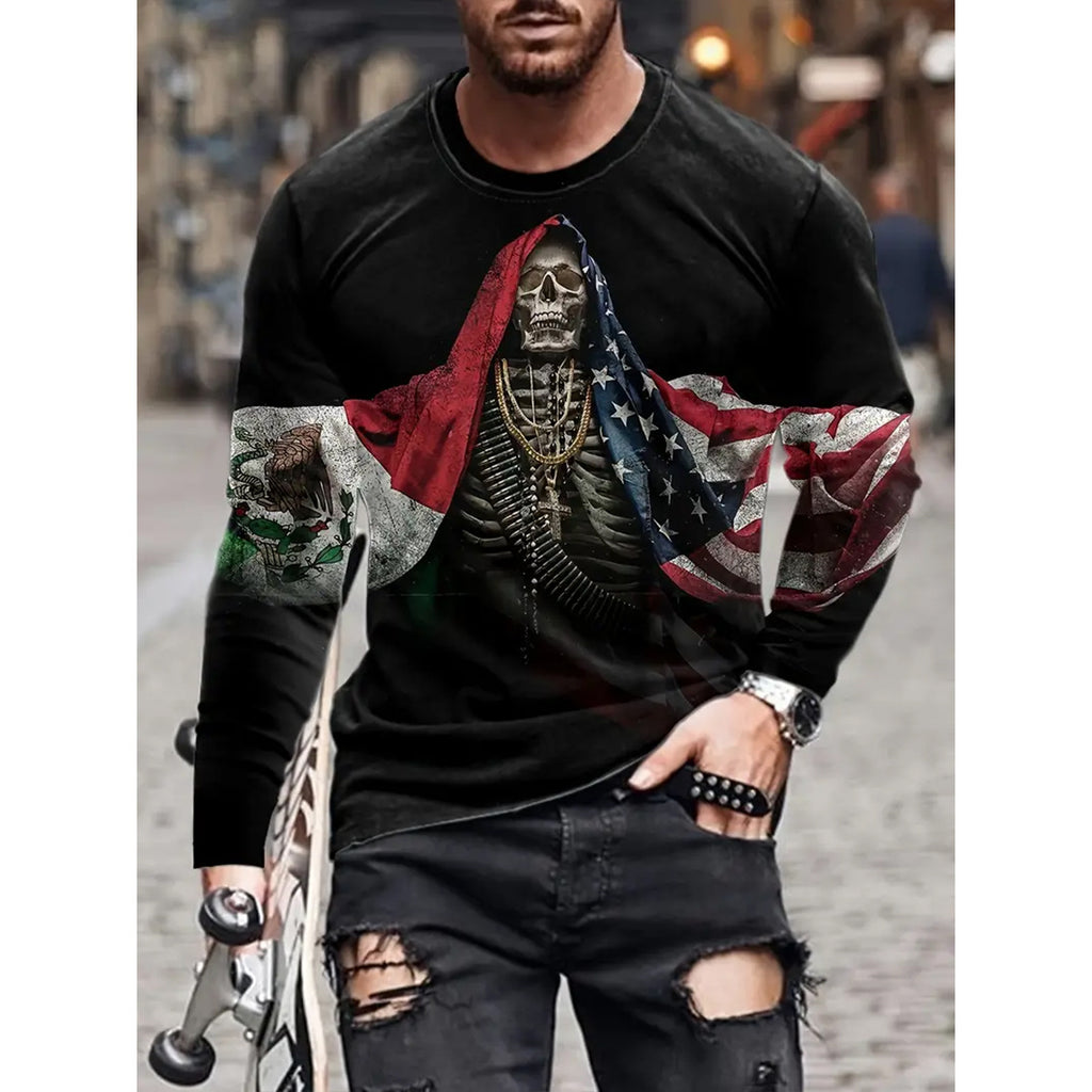 Camiseta retro para hombre con estampado 3D de hip-hop callejero, cuello redondo holgado, informal, de manga larga