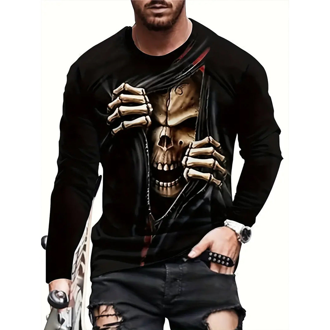 Camiseta retro para hombre con estampado 3D de hip-hop callejero, cuello redondo holgado, informal, de manga larga