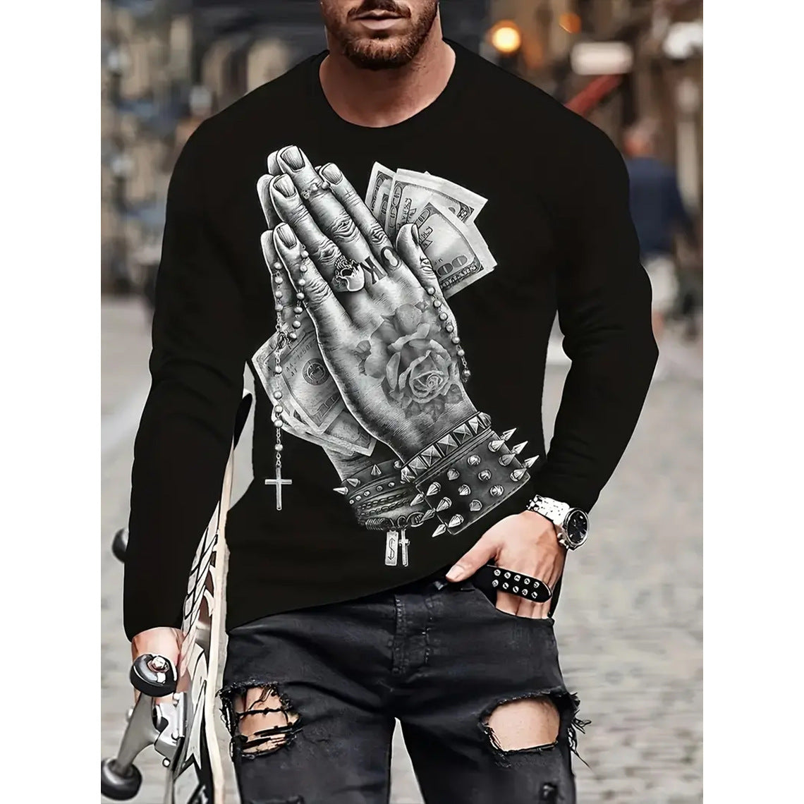Camiseta retro para hombre con estampado 3D de hip-hop callejero, cuello redondo holgado, informal, de manga larga