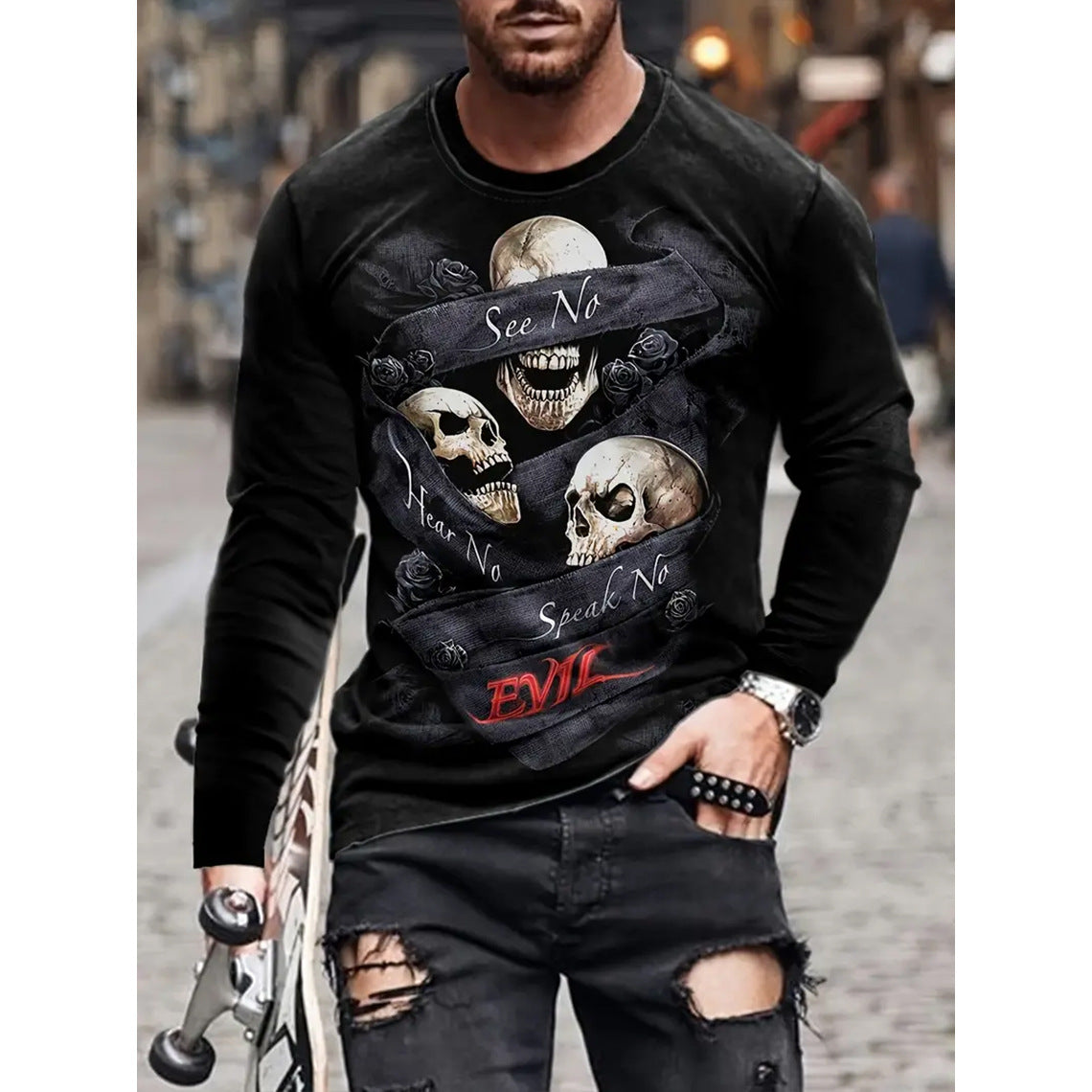 Camiseta retro para hombre con estampado 3D de hip-hop callejero, cuello redondo holgado, informal, de manga larga