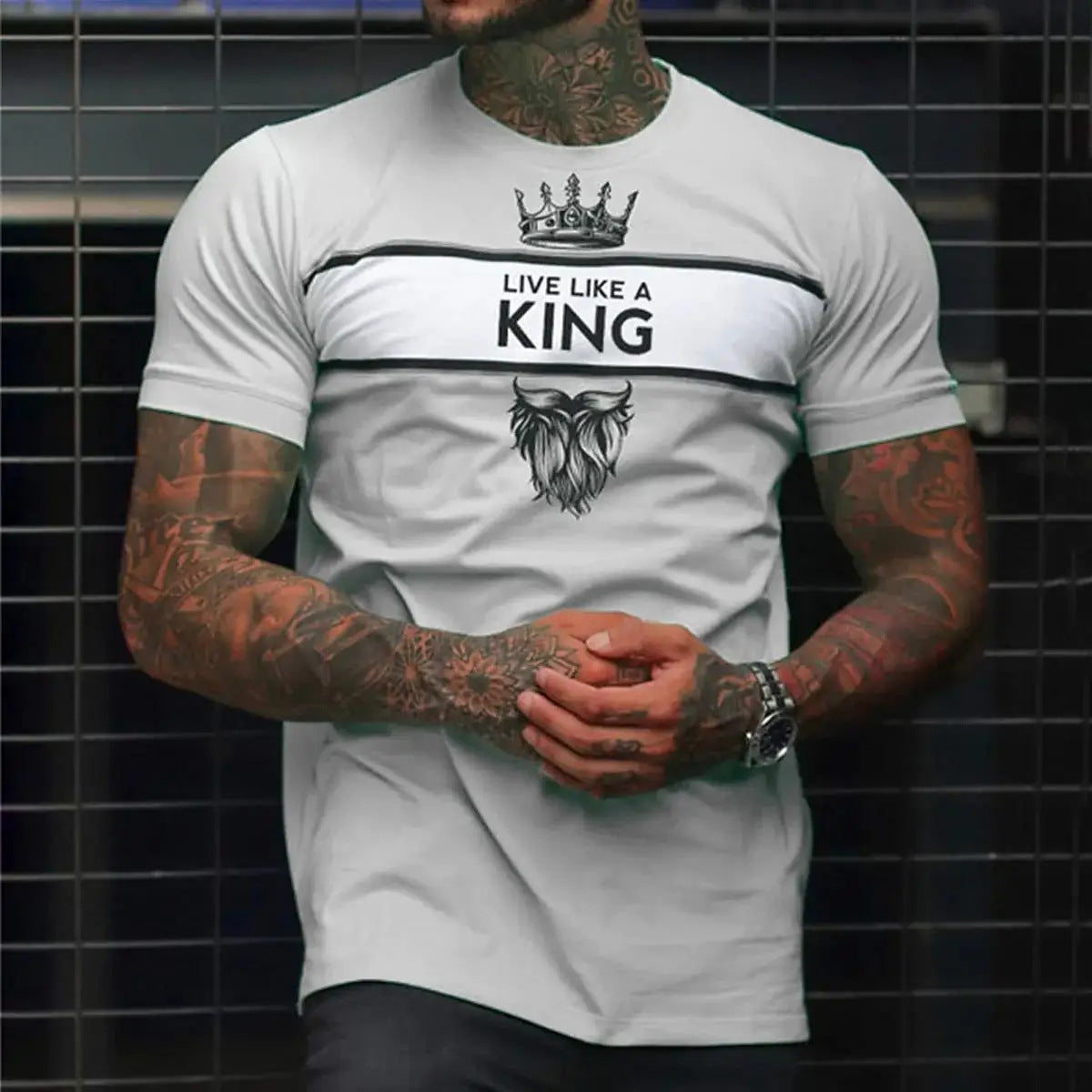 Camisa informal de manga corta con cuello redondo y estampado digital 3D para hombre